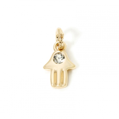 Picture of 1 Piece Eco-friendly Vacuum Plating Waterproof Anti-Tarnish Hypoallergenic 304 Stainless Steel Galaxy Clip On Charms For Vintage Charm Bracelets 18K Real Gold Plated Hamsa Symbol Hand Clear Rhinestone 26mm x 13mm