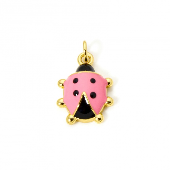 Imagen de 1 Piece Eco-friendly Brass Charms 18K Real Gold Plated Black & Pink Ladybug Animal Enamel 25mm x 15mm