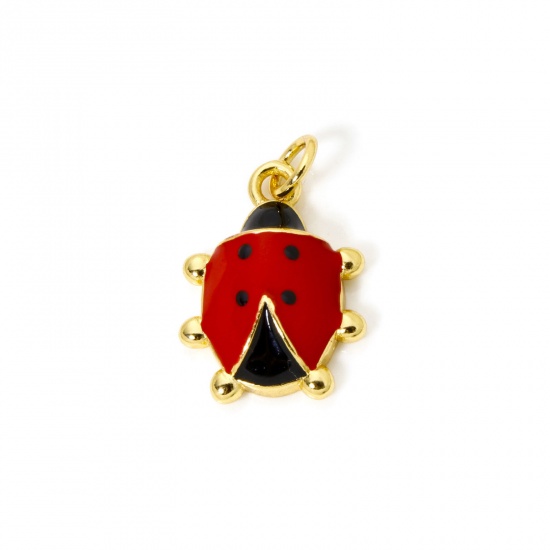 Imagen de 1 Piece Eco-friendly Brass Charms 18K Real Gold Plated Fuchsia & Black Ladybug Animal Enamel 25mm x 15mm