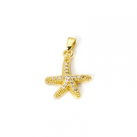 Picture of 2 PCs Eco-friendly Brass Ocean Jewelry Charm Pendant 18K Real Gold Plated Starfish Micro Pave Clear Cubic Zirconia 22mm x 15mm