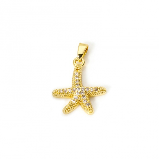 Imagen de 2 PCs Eco-friendly Brass Ocean Jewelry Charm Pendant 18K Real Gold Plated Star Fish Micro Pave Clear Cubic Zirconia 22mm x 15mm