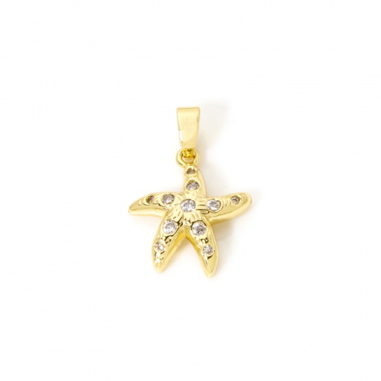 Imagen de 2 PCs Eco-friendly Brass Ocean Jewelry Charm Pendant 18K Real Gold Plated Star Fish Clear Cubic Zirconia 20mm x 14mm