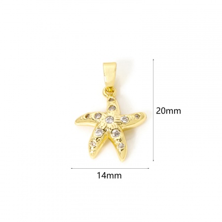 Picture of 2 PCs Eco-friendly Brass Ocean Jewelry Charm Pendant 18K Real Gold Plated Starfish Micro Pave Clear Cubic Zirconia 20mm x 14mm