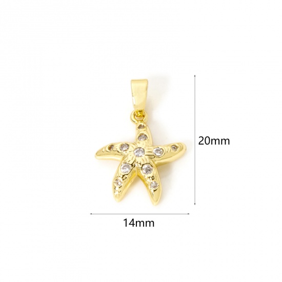 Imagen de 2 PCs Eco-friendly Brass Ocean Jewelry Charm Pendant 18K Real Gold Plated Star Fish Clear Cubic Zirconia 20mm x 14mm