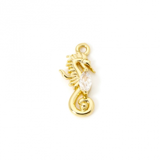 Imagen de 2 PCs Eco-friendly Brass Ocean Jewelry Charms 18K Real Gold Plated Seahorse Animal Clear Cubic Zirconia 20mm x 9mm