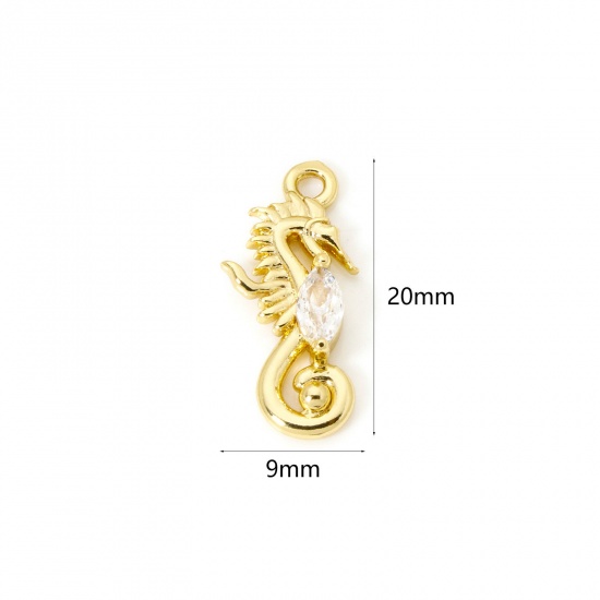 Imagen de 2 PCs Eco-friendly Brass Ocean Jewelry Charms 18K Real Gold Plated Seahorse Animal Clear Cubic Zirconia 20mm x 9mm