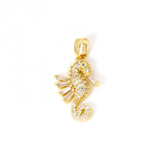 Imagen de 2 PCs Eco-friendly Brass Ocean Jewelry Charm Pendant 18K Real Gold Plated Seahorse Animal Micro Pave Clear Cubic Zirconia 23mm x 12mm