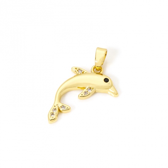 Imagen de 2 PCs Eco-friendly Brass Ocean Jewelry Charm Pendant 18K Real Gold Plated Dolphin Animal Clear Cubic Zirconia 26mm x 14mm