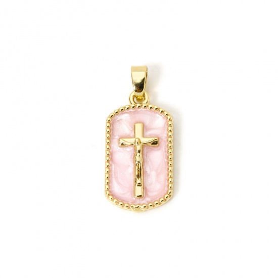 Imagen de 2 PCs Brass Religious Charm Pendant 18K Gold Plated Pink Pearlized Rectangle Cross Enamel 25mm x 11mm