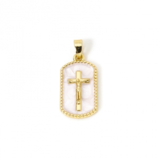 Imagen de 2 PCs Brass Religious Charm Pendant 18K Gold Plated White Pearlized Rectangle Cross Enamel 25mm x 11mm