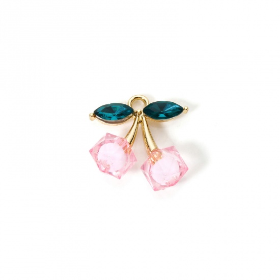 Image de 5 PCs Zinc Based Alloy & Acrylic Charms Gold Plated Pink Cherry Fruit 3D Green Rhinestone 21mm x 20mm