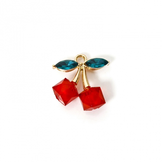 Image de 5 PCs Zinc Based Alloy & Acrylic Charms Gold Plated Red Cherry Fruit 3D Green Rhinestone 21mm x 20mm