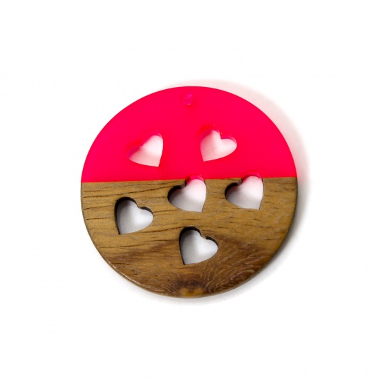 Immagine di 2 PCs Resin & Natural Wood Valentine's Day Pendants Fuchsia Round Disc Heart Hollow 3.8cm Dia