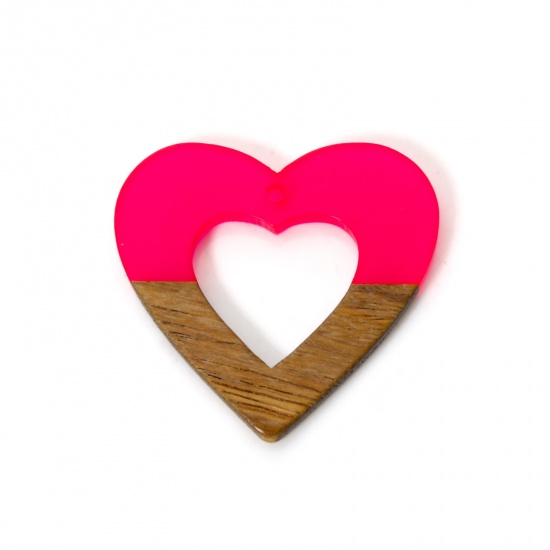 Immagine di 2 PCs Resin & Natural Wood Valentine's Day Pendants Fuchsia Heart Hollow 3.6cm x 3.4cm