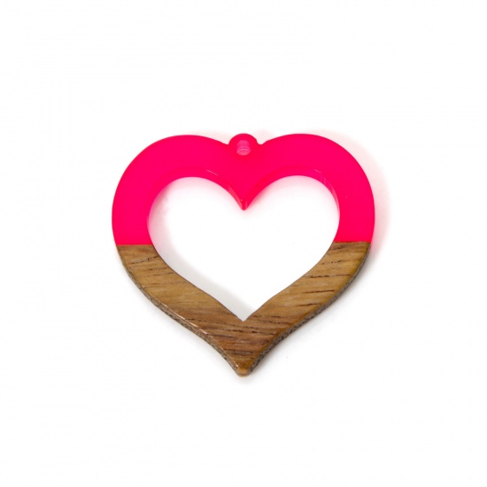 Immagine di 2 PCs Resin & Natural Wood Valentine's Day Pendants Fuchsia Heart Hollow 3.5cm x 3.4cm