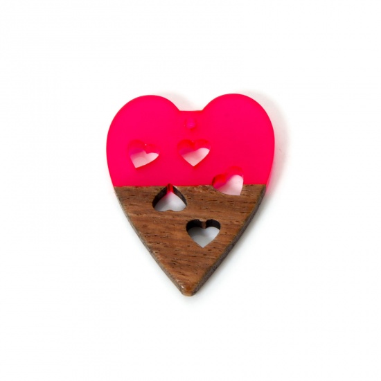 Immagine di 2 PCs Resin & Natural Wood Valentine's Day Pendants Fuchsia Heart Hollow 3.7cm x 2.9cm