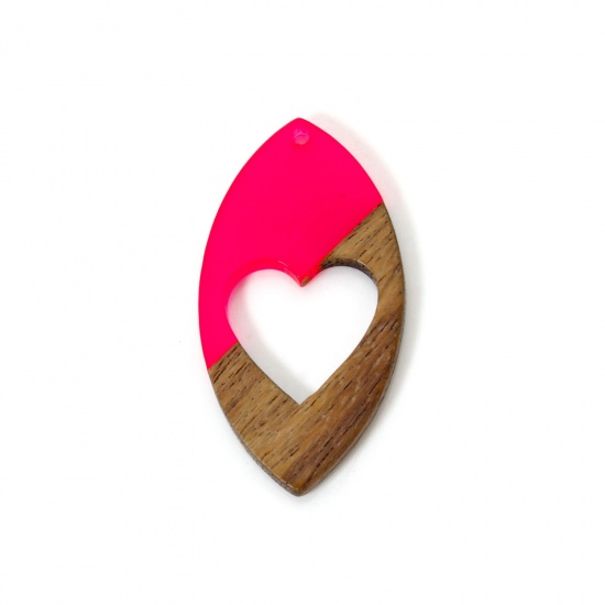 Immagine di 2 PCs Resin & Natural Wood Valentine's Day Pendants Fuchsia Marquise Heart Hollow 4.7cm x 2.5cm