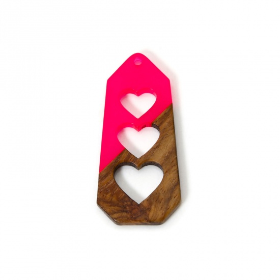 Immagine di 2 PCs Resin & Natural Wood Valentine's Day Pendants Fuchsia Heptagon Heart Hollow 4.7cm x 2.2cm