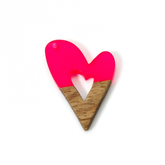 Immagine di 2 PCs Resin & Natural Wood Valentine's Day Pendants Fuchsia Heart Hollow 3.5cm x 2.6cm