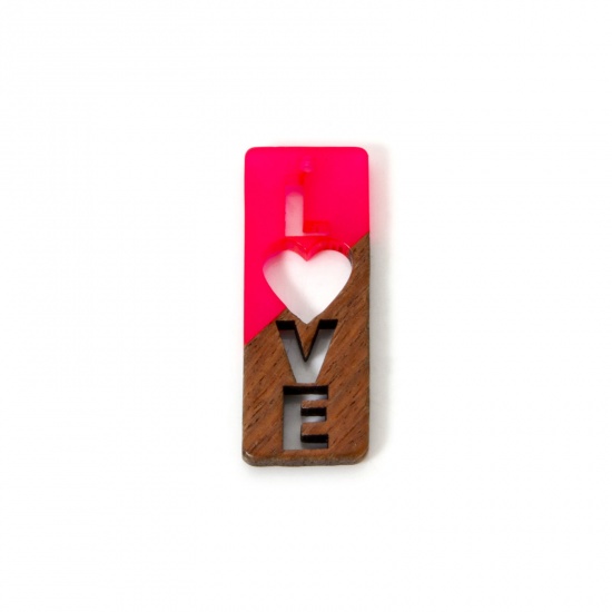 Immagine di 2 PCs Resin & Natural Wood Valentine's Day Pendants Fuchsia Rectangle Message " LOVE " Hollow 4cm x 1.5cm