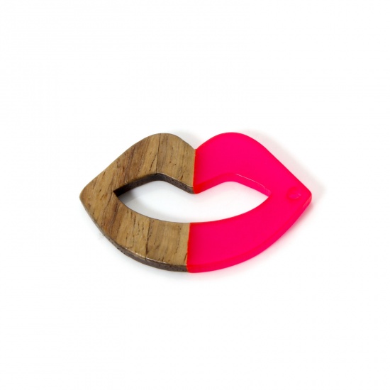 Immagine di 2 PCs Resin & Natural Wood Valentine's Day Pendants Fuchsia Lip Hollow 3.7cm x 2.4cm