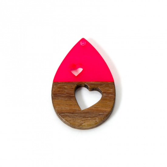 Immagine di 2 PCs Resin & Natural Wood Valentine's Day Pendants Fuchsia Drop Heart Hollow 3.8cm x 2.5cm