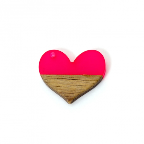 Immagine di 2 PCs Resin & Natural Wood Valentine's Day Charms Fuchsia Heart 25mm x 21mm