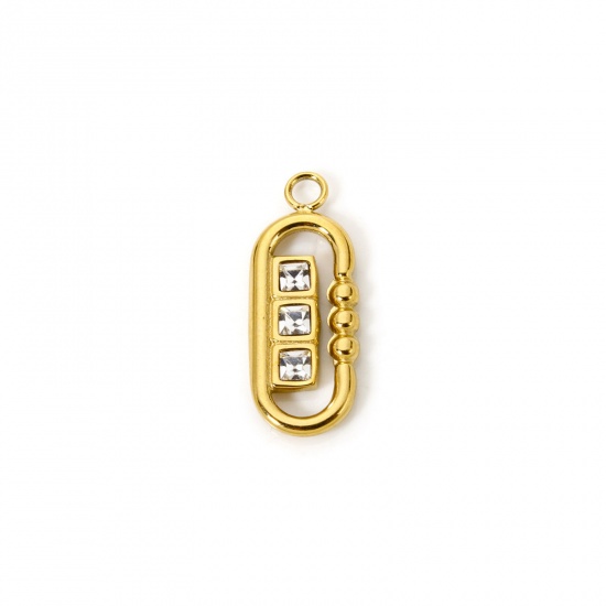 Picture of 1 Piece Eco-friendly PVD Vacuum Plating 304 Stainless Steel Charms 18K Real Gold Plated Oval Clear Cubic Zirconia 19mm x 7mm