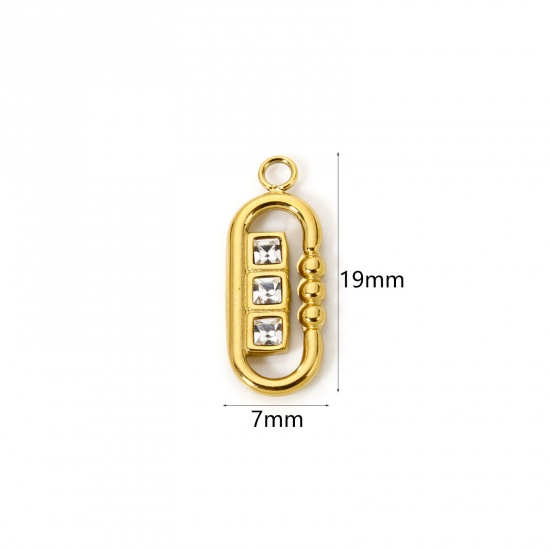 Picture of 1 Piece Eco-friendly PVD Vacuum Plating 304 Stainless Steel Charms 18K Real Gold Plated Oval Clear Cubic Zirconia 19mm x 7mm