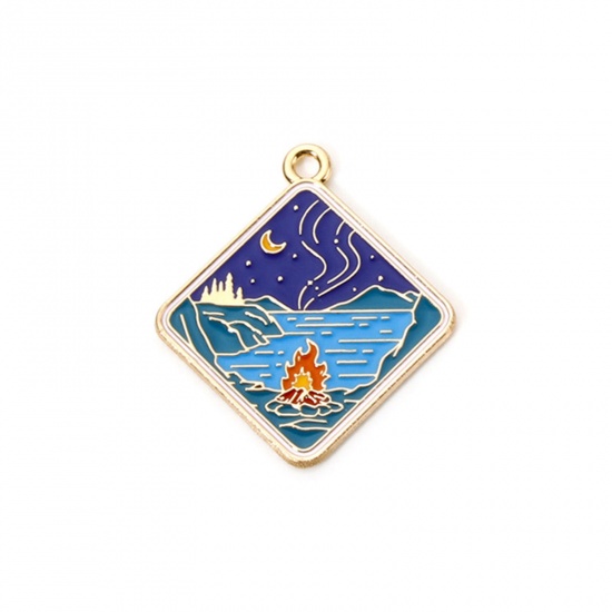 Picture of 5 PCs Zinc Based Alloy Travel Camping Theme Pendants Gold Plated Multicolor Rhombus Enamel 3.1cm x 2.7cm