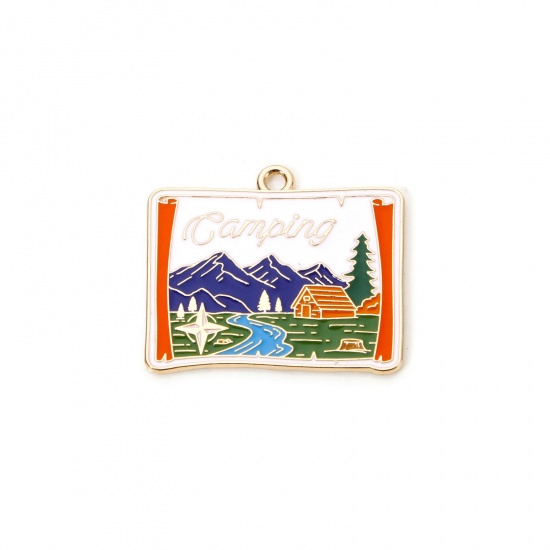 Picture of 5 PCs Zinc Based Alloy Travel Camping Theme Pendants Gold Plated Multicolor Rectangle Message " CAMPING " Enamel 3cm x 2.6cm