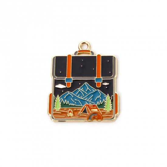 Picture of 5 PCs Zinc Based Alloy Travel Camping Theme Pendants Gold Plated Multicolor Bag Enamel 3.1cm x 2.4cm