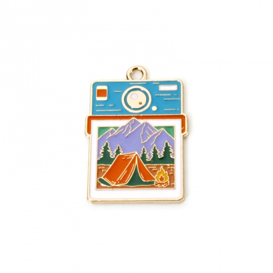 Picture of 5 PCs Zinc Based Alloy Travel Camping Theme Pendants Gold Plated Multicolor Camera Enamel 3cm x 2.1cm