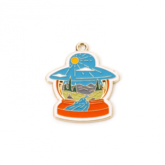 Picture of 5 PCs Zinc Based Alloy Travel Camping Theme Pendants Gold Plated Multicolor Cup Enamel 3cm x 2.5cm