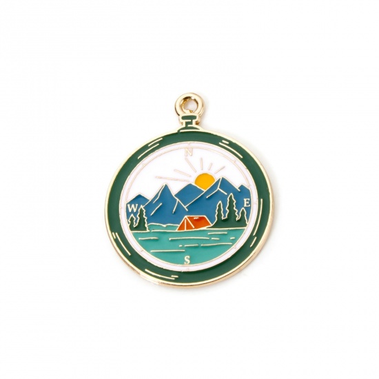 Picture of 5 PCs Zinc Based Alloy Travel Camping Theme Pendants Gold Plated Multicolor Round Disc Enamel 3.1cm x 2.5cm