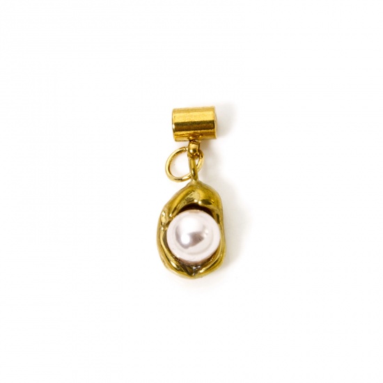 Bild von 1 Stück Umweltfreundliche PVD-Vakuumbeschichtung 304 Edelstahl Slider Perlen Charm Anhänger Erbse 18K Vergoldet Hellrosa Imitat Perle 23mm x 8mm