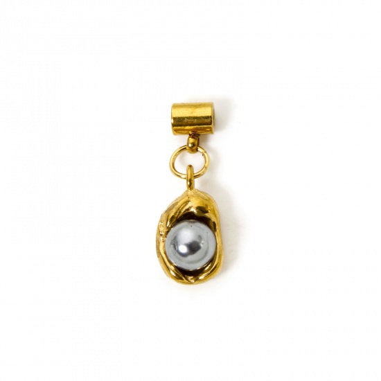 Bild von 1 Stück Umweltfreundliche PVD-Vakuumbeschichtung 304 Edelstahl Slider Perlen Charm Anhänger Erbse 18K Vergoldet Grau Imitat Perle 23mm x 8mm