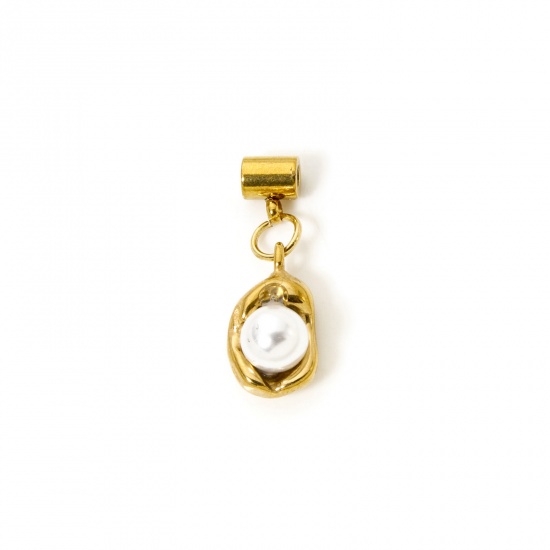 Bild von 1 Stück Umweltfreundliche PVD-Vakuumbeschichtung 304 Edelstahl Slider Perlen Charm Anhänger Erbse 18K Vergoldet Imitat Perle 23mm x 8mm