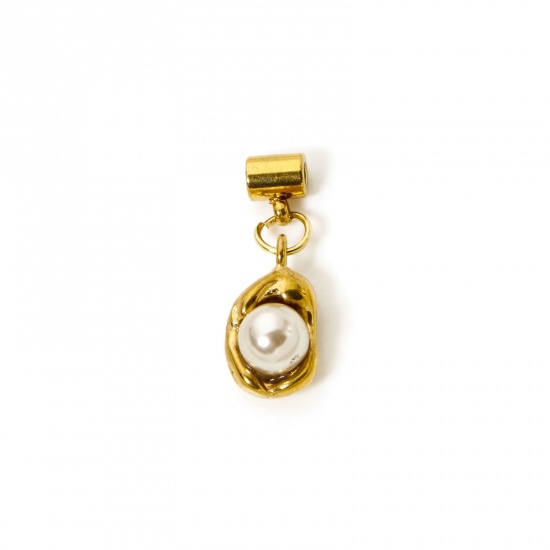 Bild von 1 Stück Umweltfreundliche PVD-Vakuumbeschichtung 304 Edelstahl Slider Perlen Charm Anhänger Erbse 18K Vergoldet Sektfarben Imitat Perle 23mm x 8mm