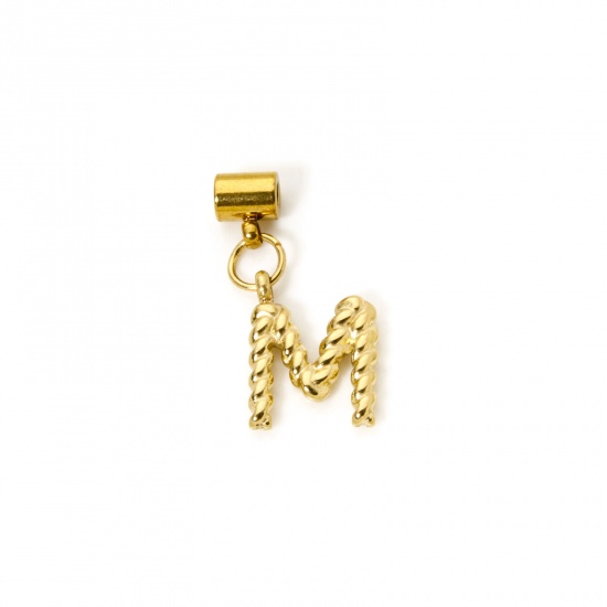 Imagen de 1 Unidad Recubrimiento al Vacío PVD Ecológico 304 Acero Inoxidable Colgante Con Dije De Cuentas Deslizantes Letra Mayúscula Chapado en Oro de 18K Espiras " M " 23mm x 10mm