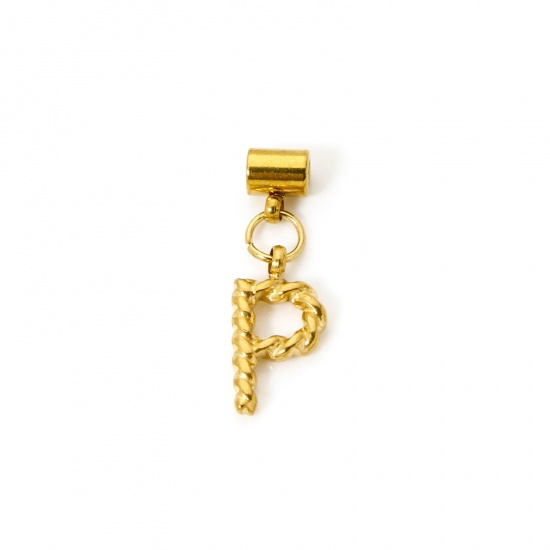 Imagen de 1 Unidad Recubrimiento al Vacío PVD Ecológico 304 Acero Inoxidable Colgante Con Dije De Cuentas Deslizantes Letra Mayúscula Chapado en Oro de 18K Espiras " P " 23mm x 8mm