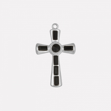 Picture of 1 Piece 304 Stainless Steel Religious Pendants Silver Tone Cross Black Rhinestone 37mm x 23mm