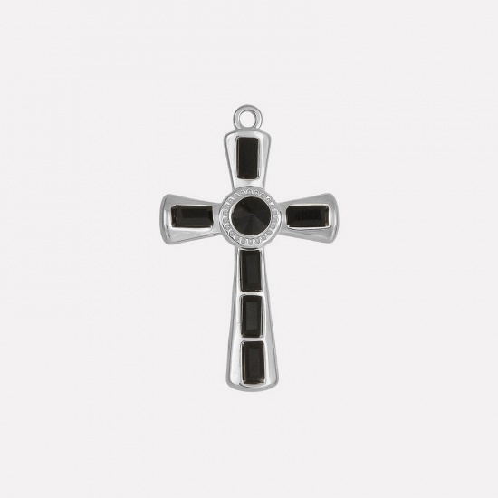 Picture of 1 Piece 304 Stainless Steel Religious Pendants Silver Tone Cross Black Rhinestone 37mm x 23mm