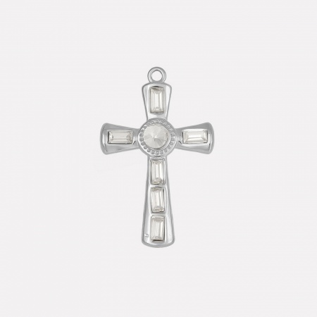 Picture of 1 Piece 304 Stainless Steel Religious Pendants Silver Tone Cross Clear Rhinestone 37mm x 23mm