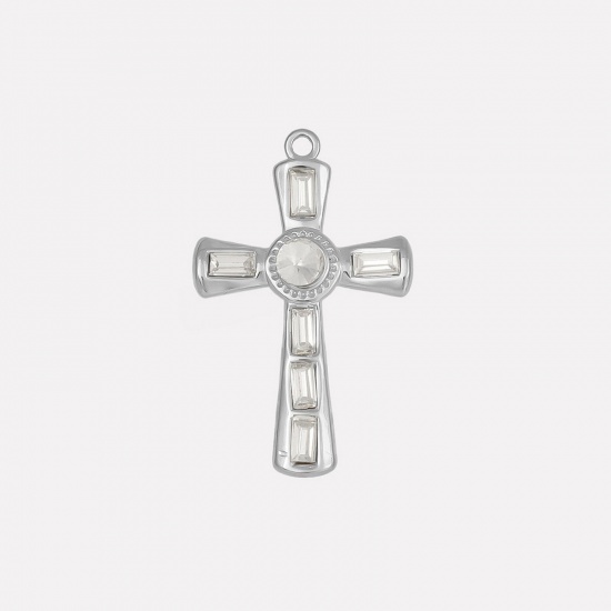 Picture of 1 Piece 304 Stainless Steel Religious Pendants Silver Tone Cross Clear Rhinestone 37mm x 23mm