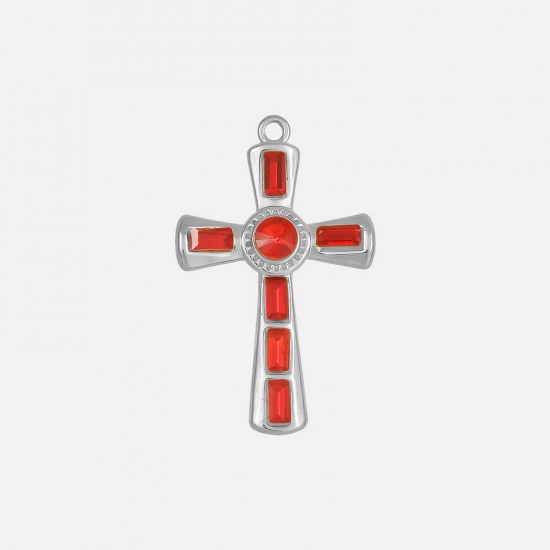 Picture of 1 Piece 304 Stainless Steel Religious Pendants Silver Tone Cross Red Rhinestone 37mm x 23mm