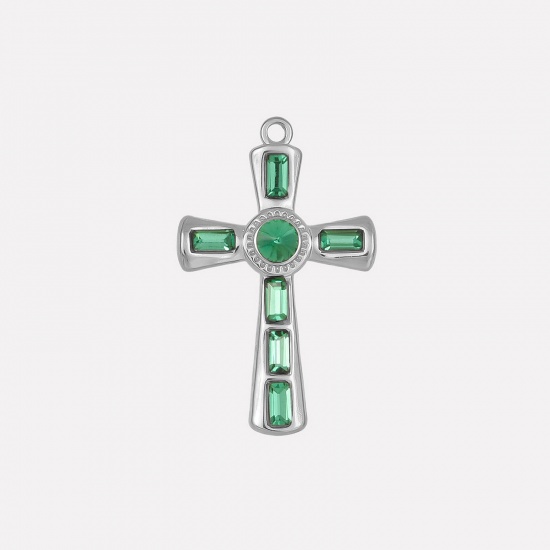 Picture of 1 Piece 304 Stainless Steel Religious Pendants Silver Tone Cross Green Rhinestone 37mm x 23mm