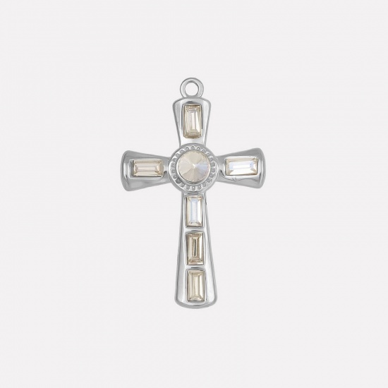 Picture of 1 Piece 304 Stainless Steel Religious Pendants Silver Tone Cross AB Color Rhinestone 37mm x 23mm
