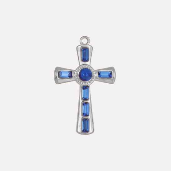 Picture of 1 Piece 304 Stainless Steel Religious Pendants Silver Tone Cross Dark Blue Rhinestone 37mm x 23mm