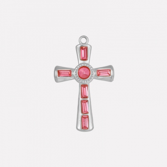 Picture of 1 Piece 304 Stainless Steel Religious Pendants Silver Tone Cross Fuchsia Rhinestone 37mm x 23mm